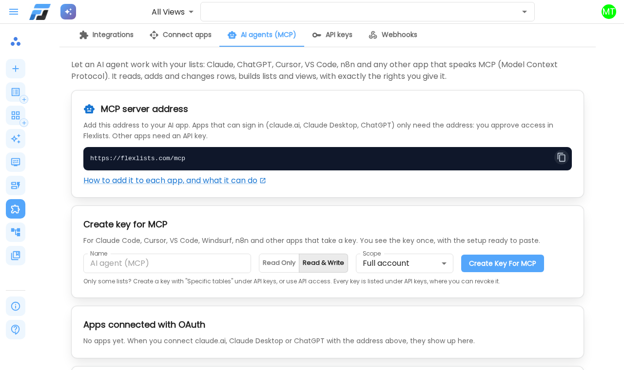 In Flexlists open Integrations (left menu) → the AI agents (MCP) tab.