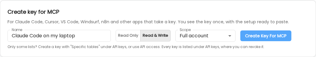 Under "Create key for MCP": give it a name, pick Read only or Read & write, and the scope: your full account or one workspace. Click Create key for MCP.