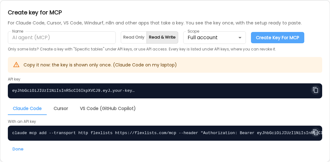 Copy the key now — it is shown only once — or copy the ready-made setup for Claude Code, Cursor or VS Code with the key filled in.
