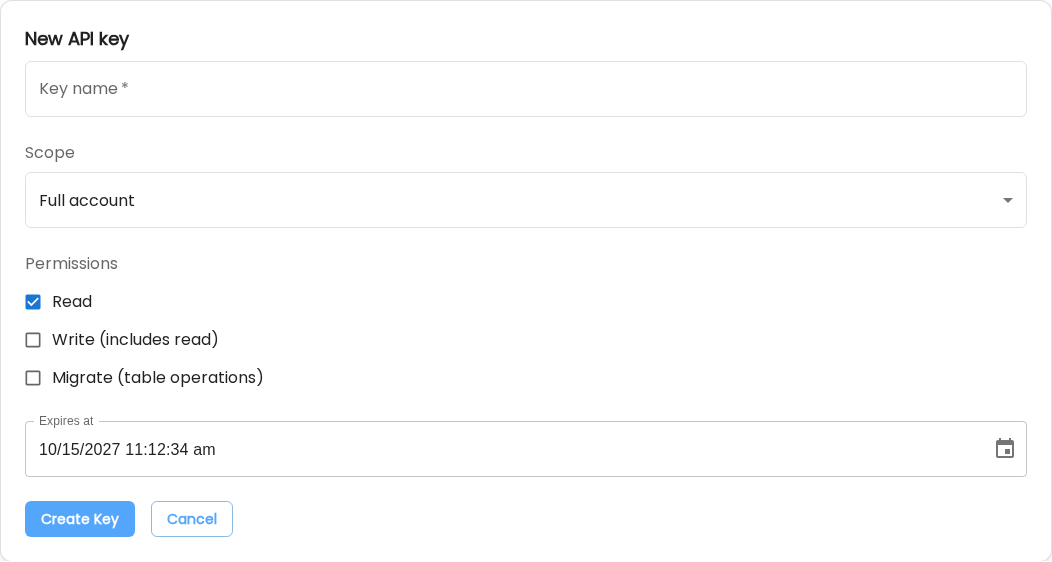 A key for some lists only, or with another expiry date: Integrations → API keys → Create new API key, scope "Specific tables", Read or Write, and the expiry date. Every key (also OAuth connections) is listed there and can be revoked.