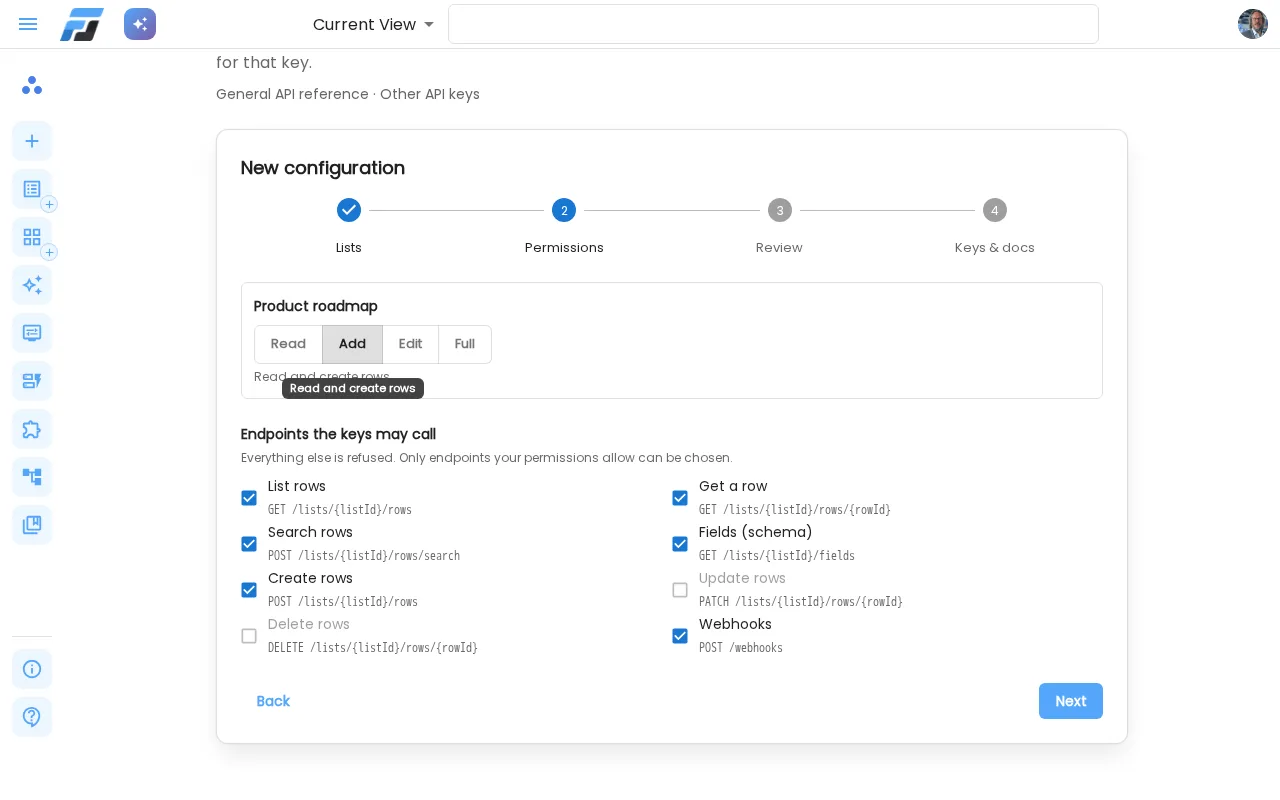 Choosing permissions and endpoints per list