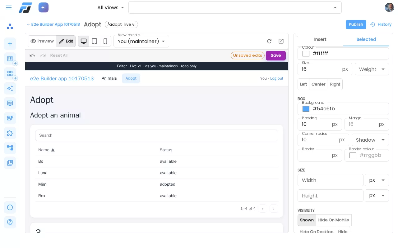 The page builder: a heading and a live table of a list, with the Insert panel on the right