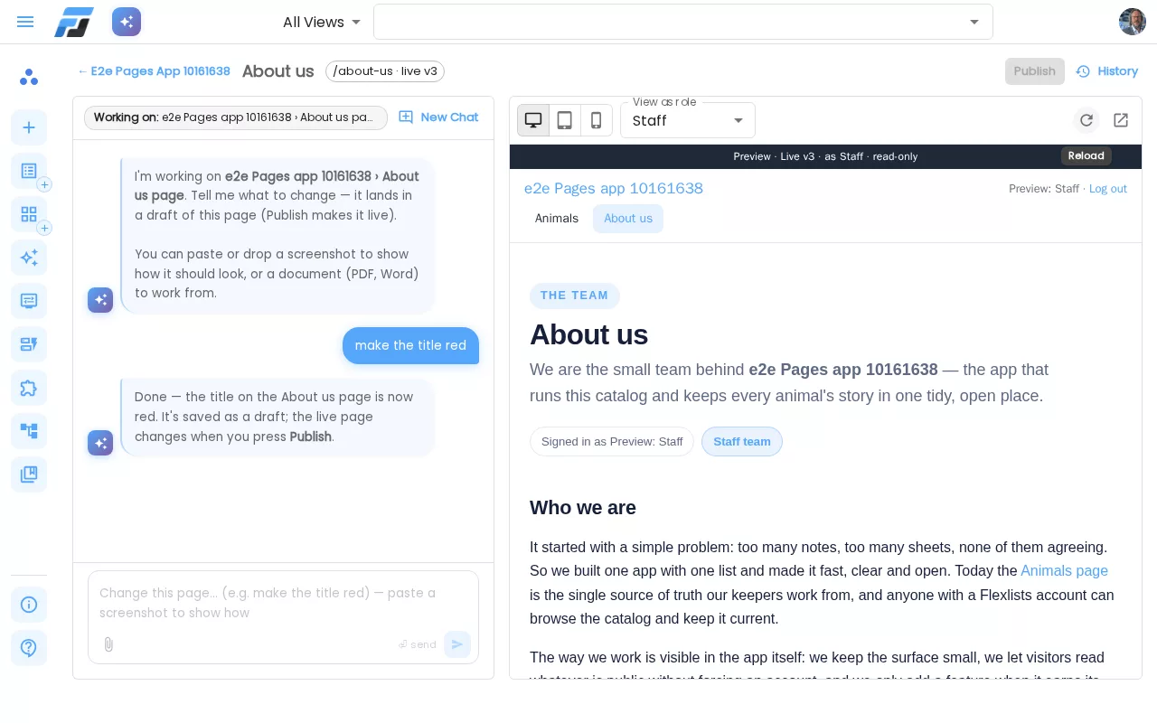 The page workspace: Dave on the left, the real page on the right