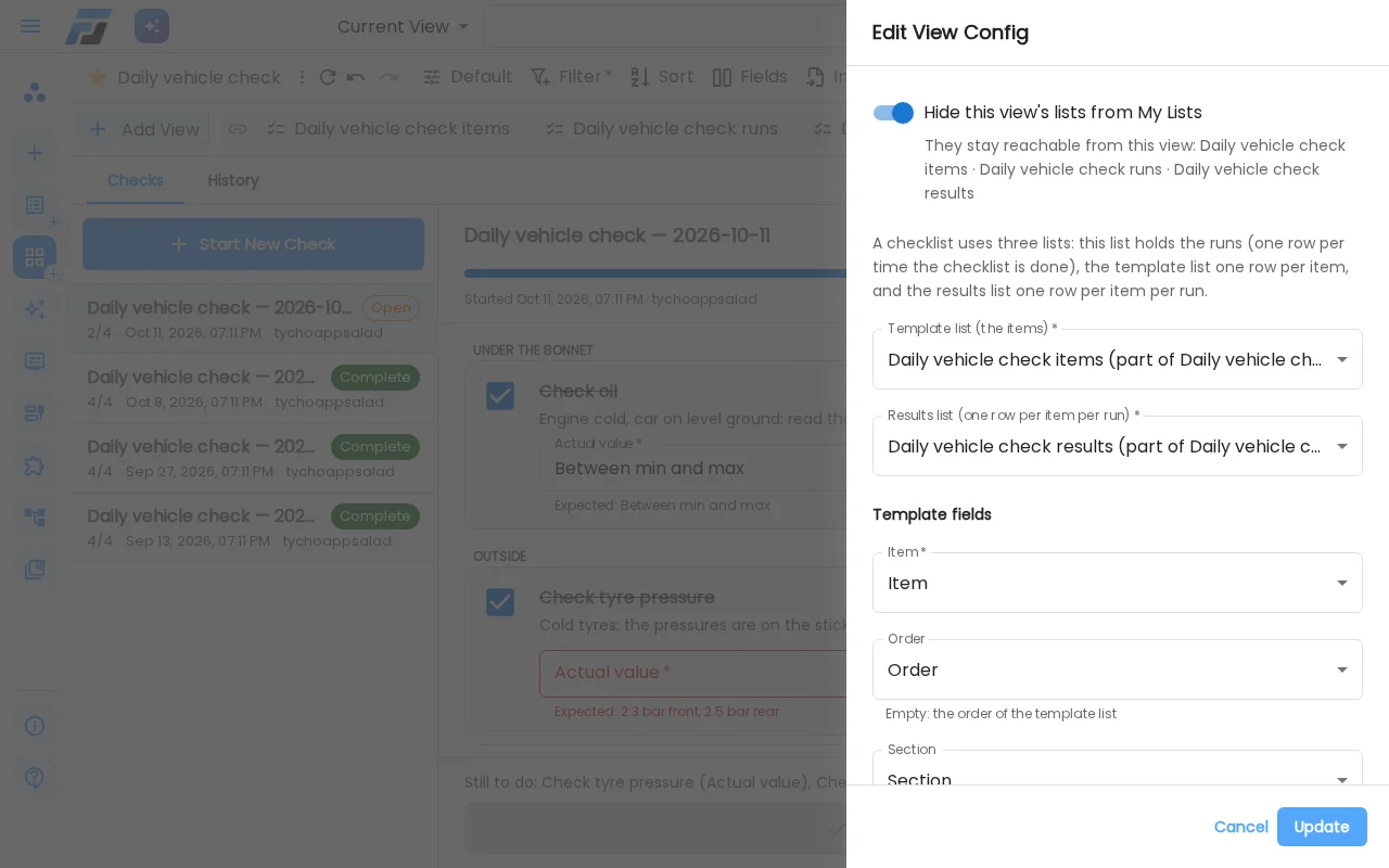 The view settings with the "Hide this view's lists from My Lists" switch