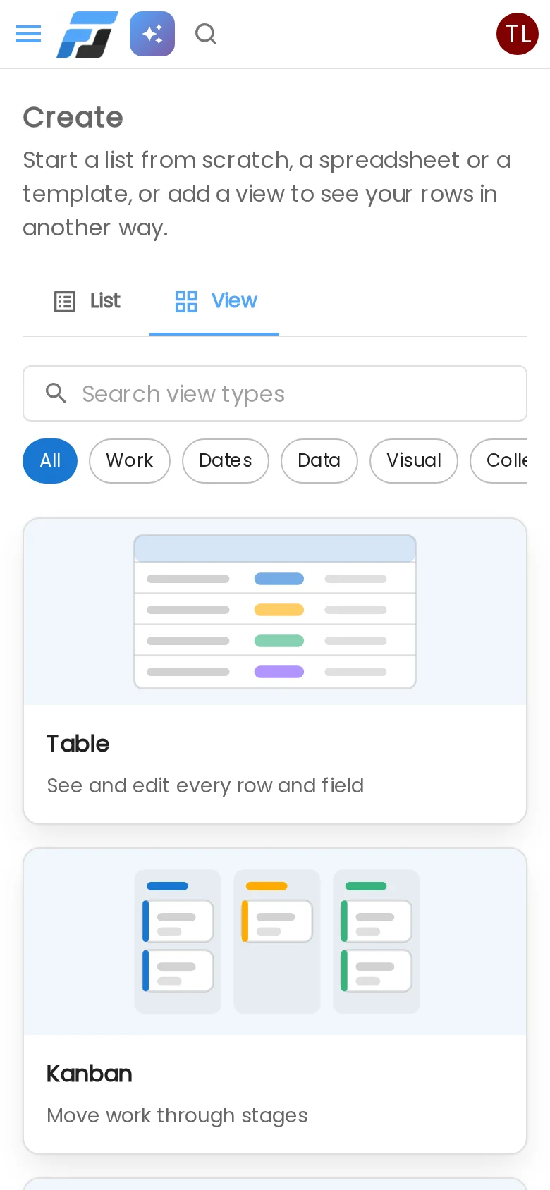 The Create hub on a phone