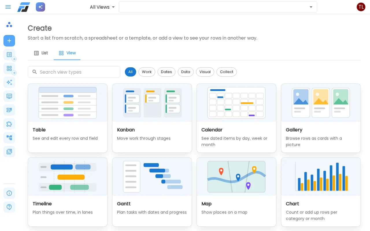 The Create hub: pick a view type