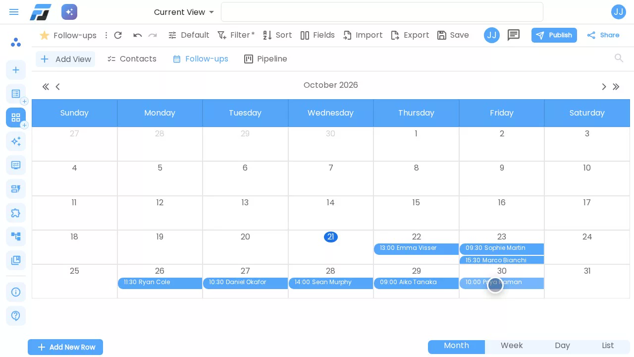 The Follow-ups calendar: every planned call on its day and time