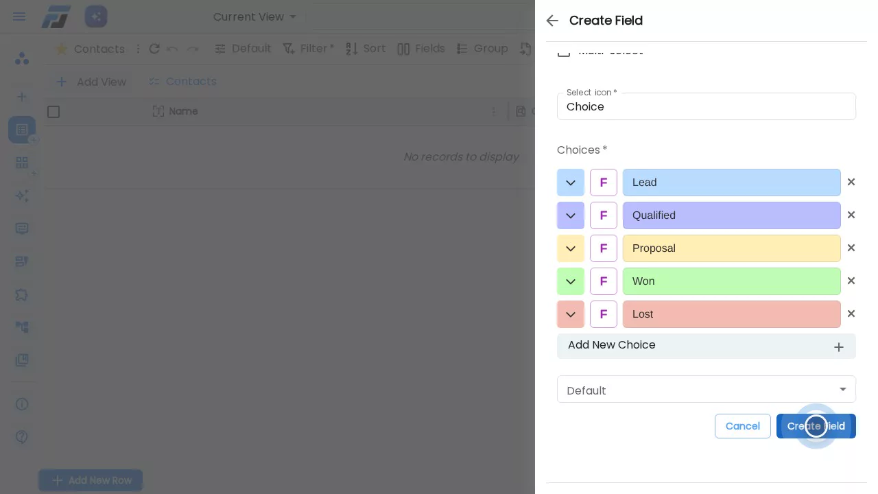 The Stage field: Lead, Qualified, Proposal, Won and Lost, each with its own colour