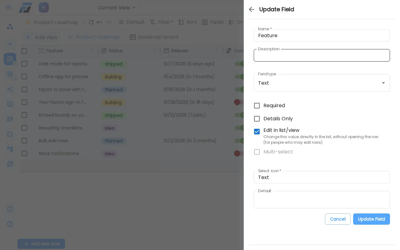 The new option in the field settings
