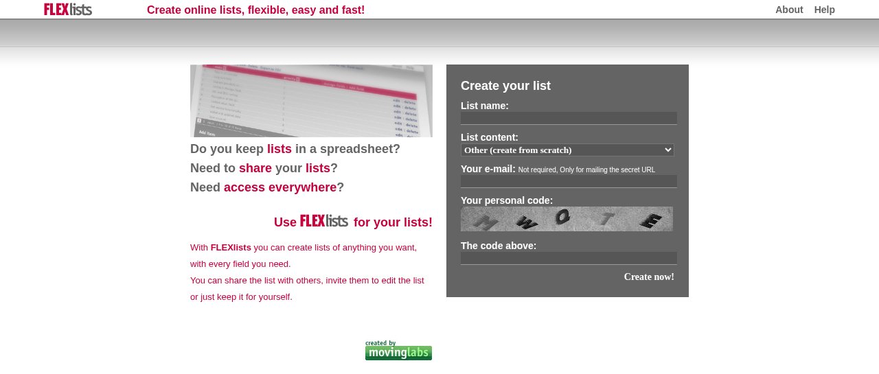 The Flexlists homepage in April 2006