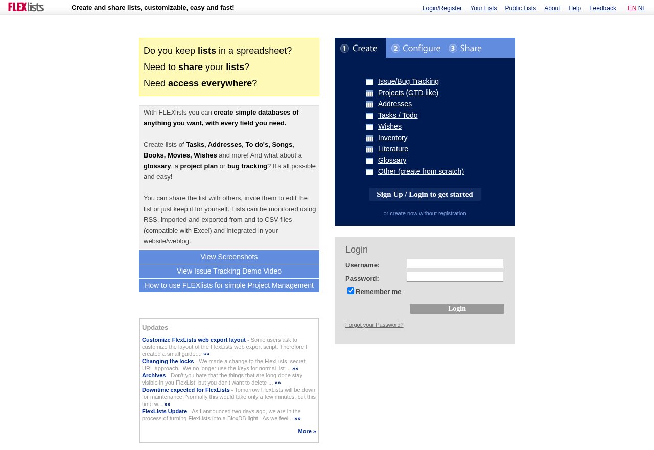 The Flexlists homepage in December 2008