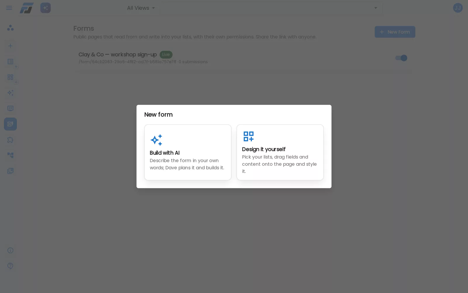 New form: Build with AI or Design it yourself