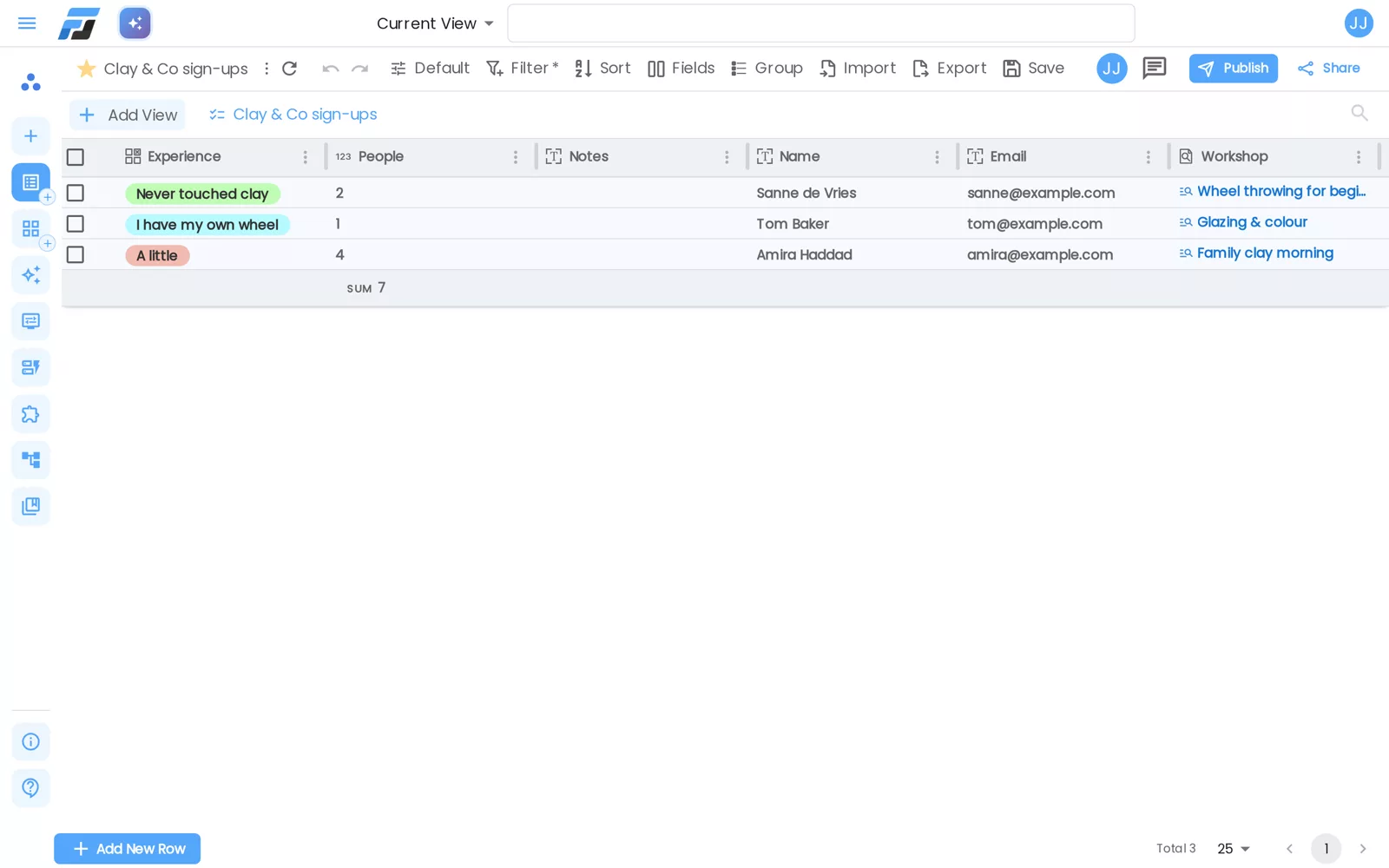 Every sign-up arrives as a row, with the workshop as a real link