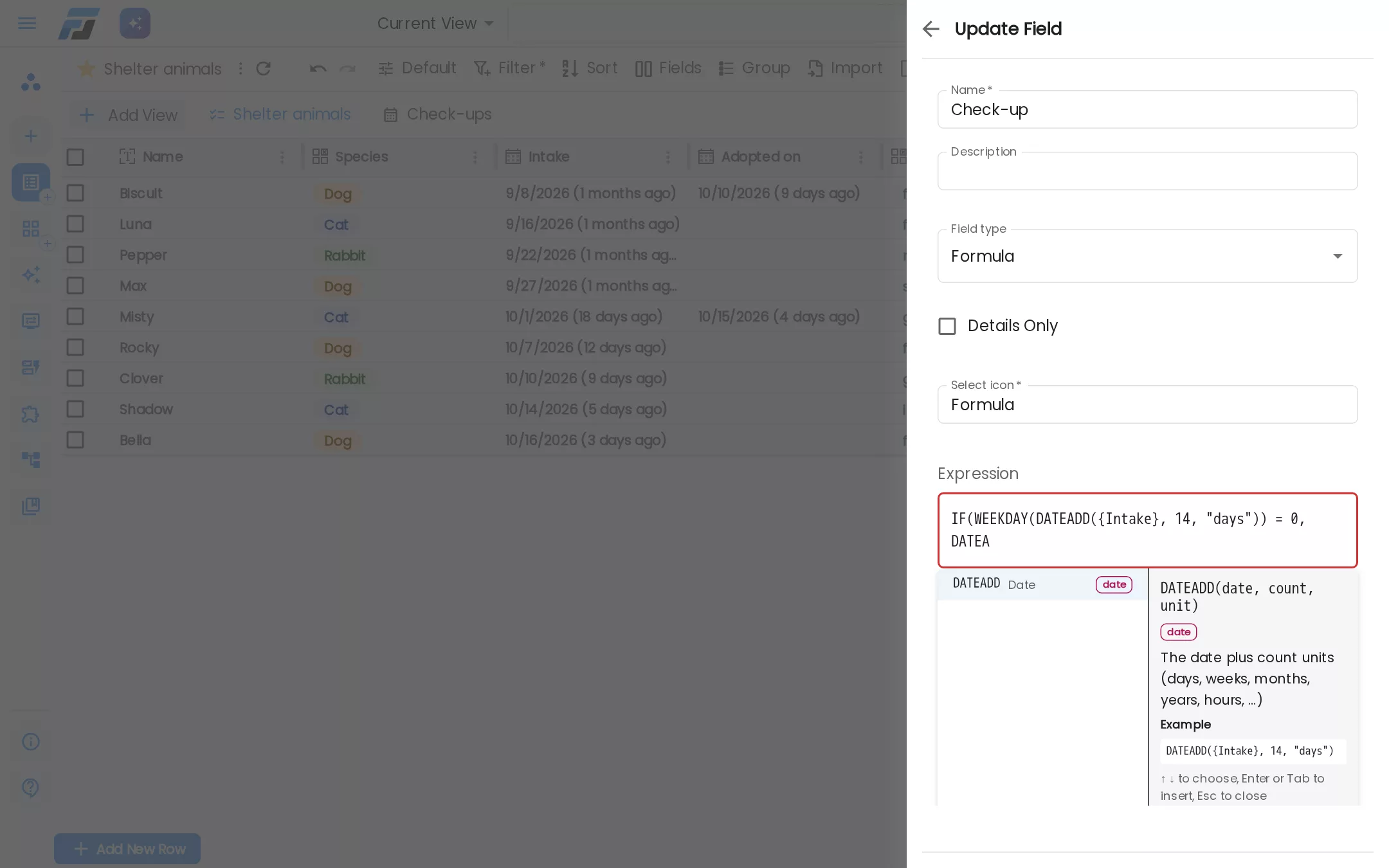 Typing DATEA shows DATEADD with its type, what it does and an example