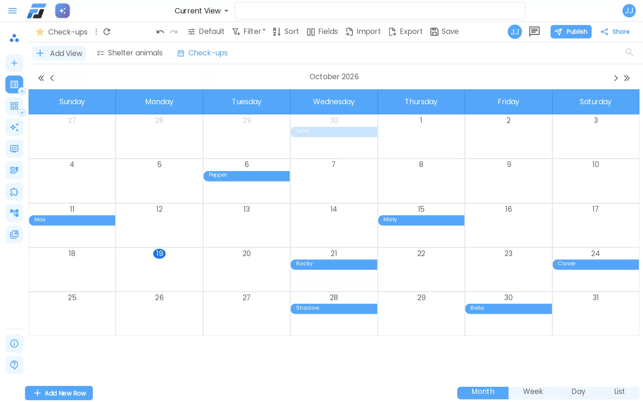 A calendar view of the check-up dates, every animal on its own day