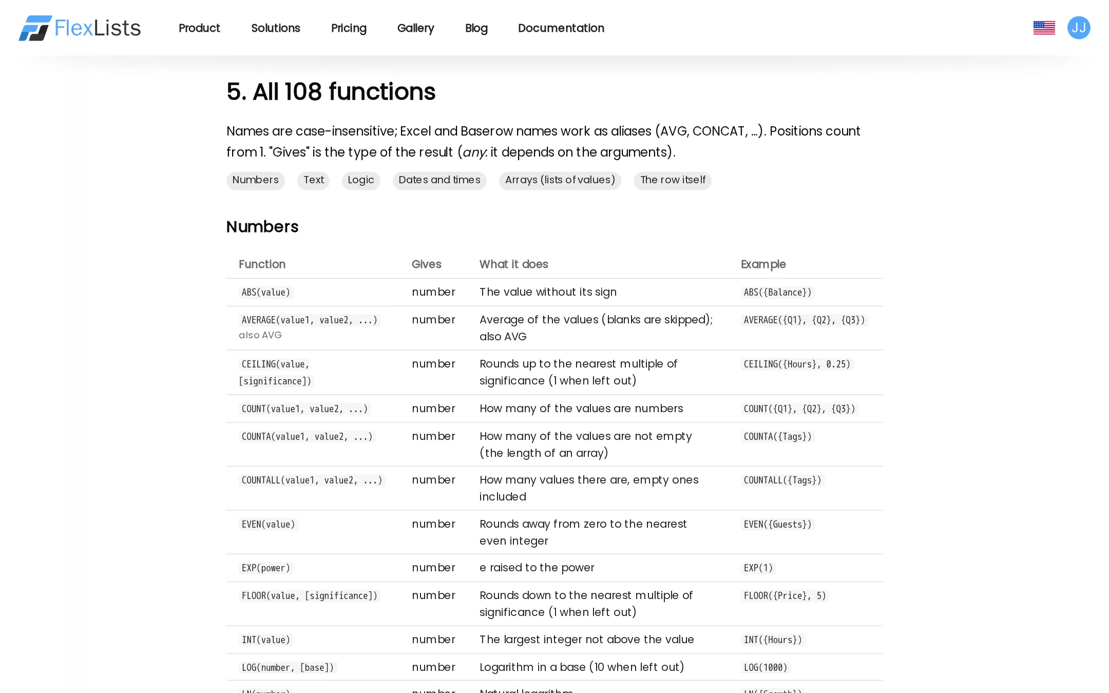 The formula documentation: all 108 functions with what they give and an example