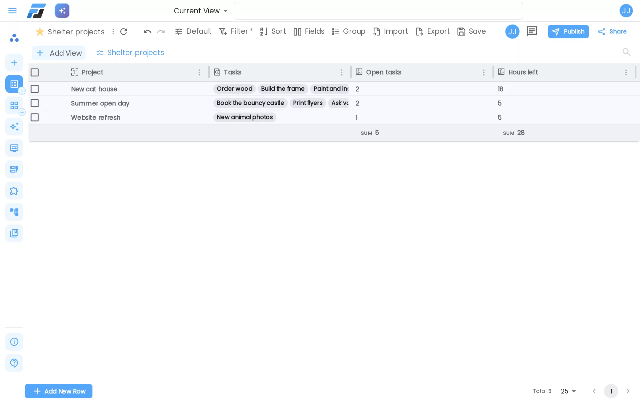 Projects with Open tasks and Hours left, counted from their linked tasks