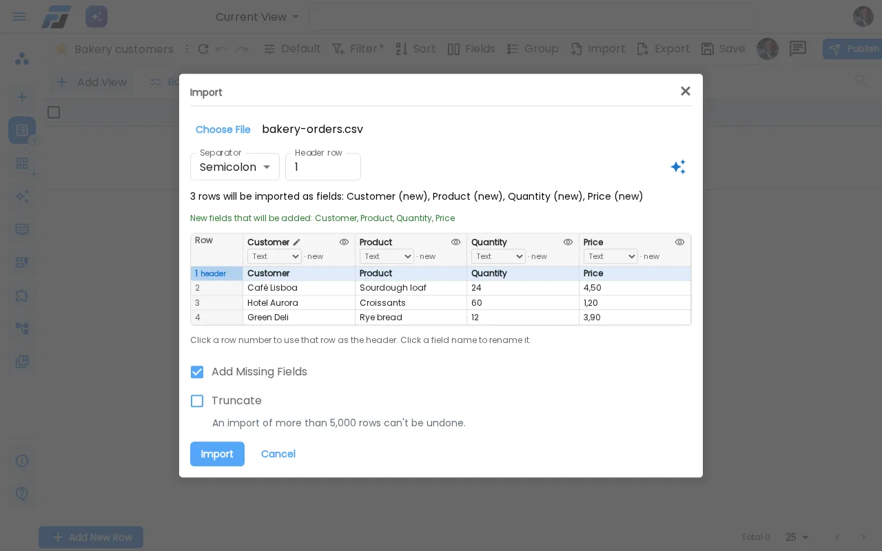 Importing a CSV into a list: separator detected, new fields marked