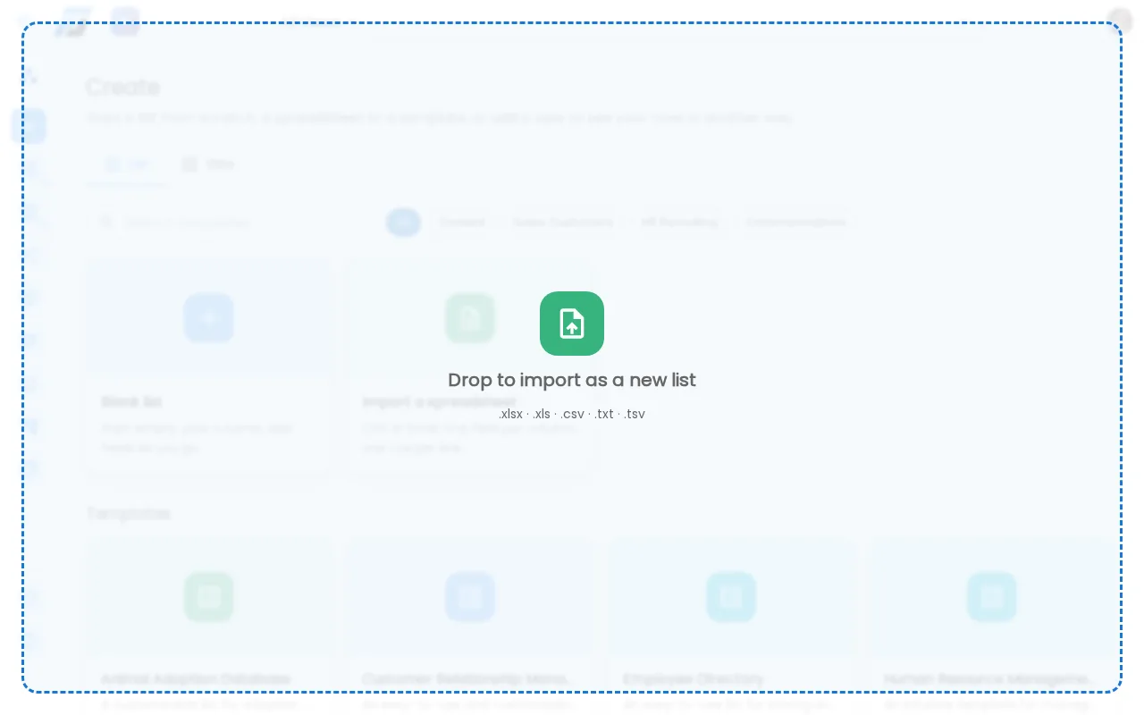 Dragging a spreadsheet onto the Create page