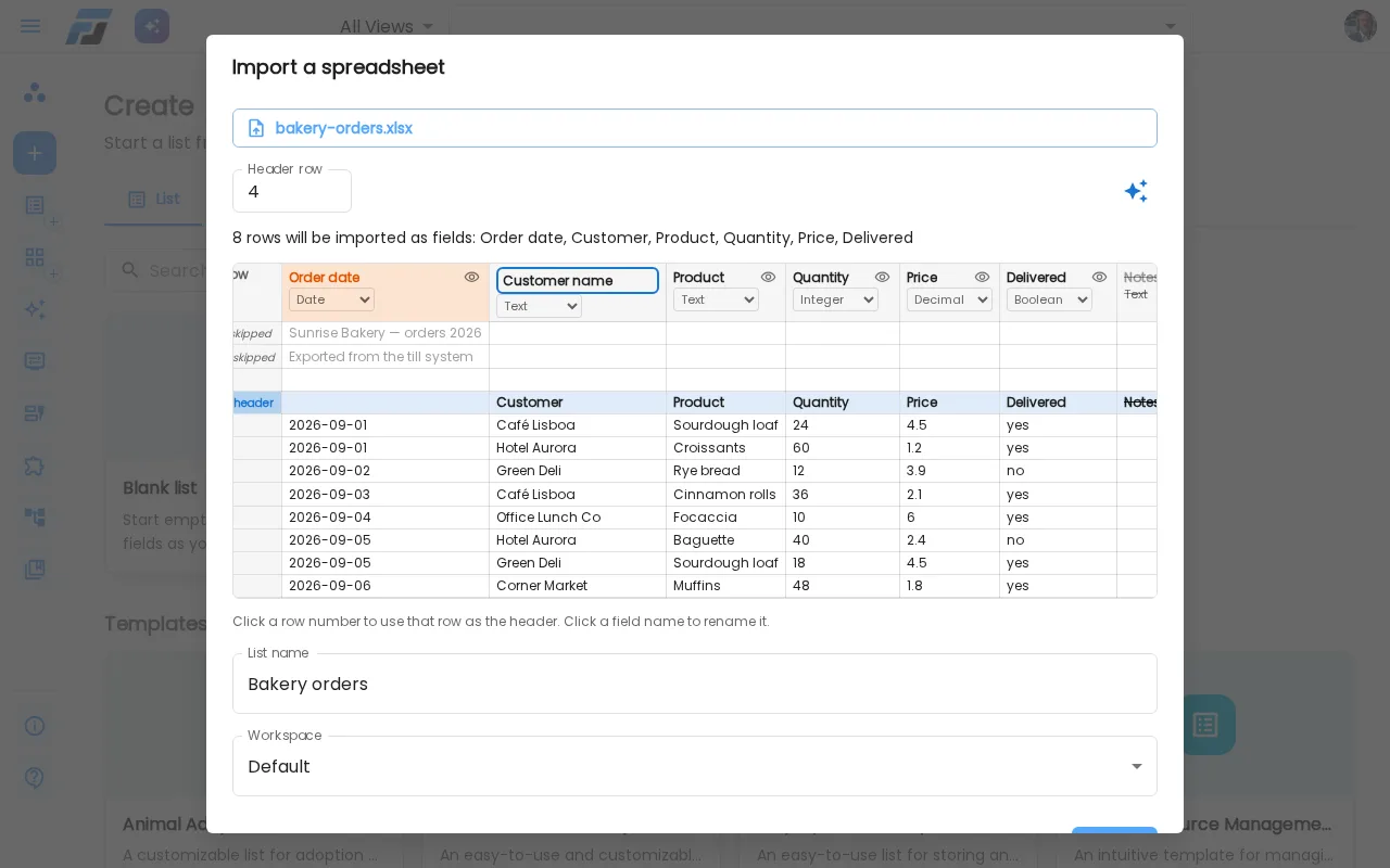 Renaming a field, choosing its type and leaving out a column, right in the preview