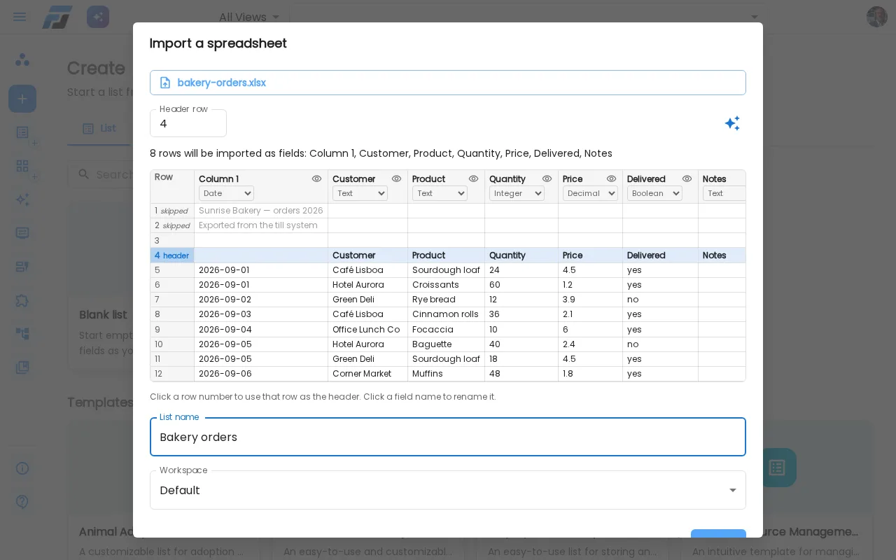 The import preview: title rows skipped, the real header row found