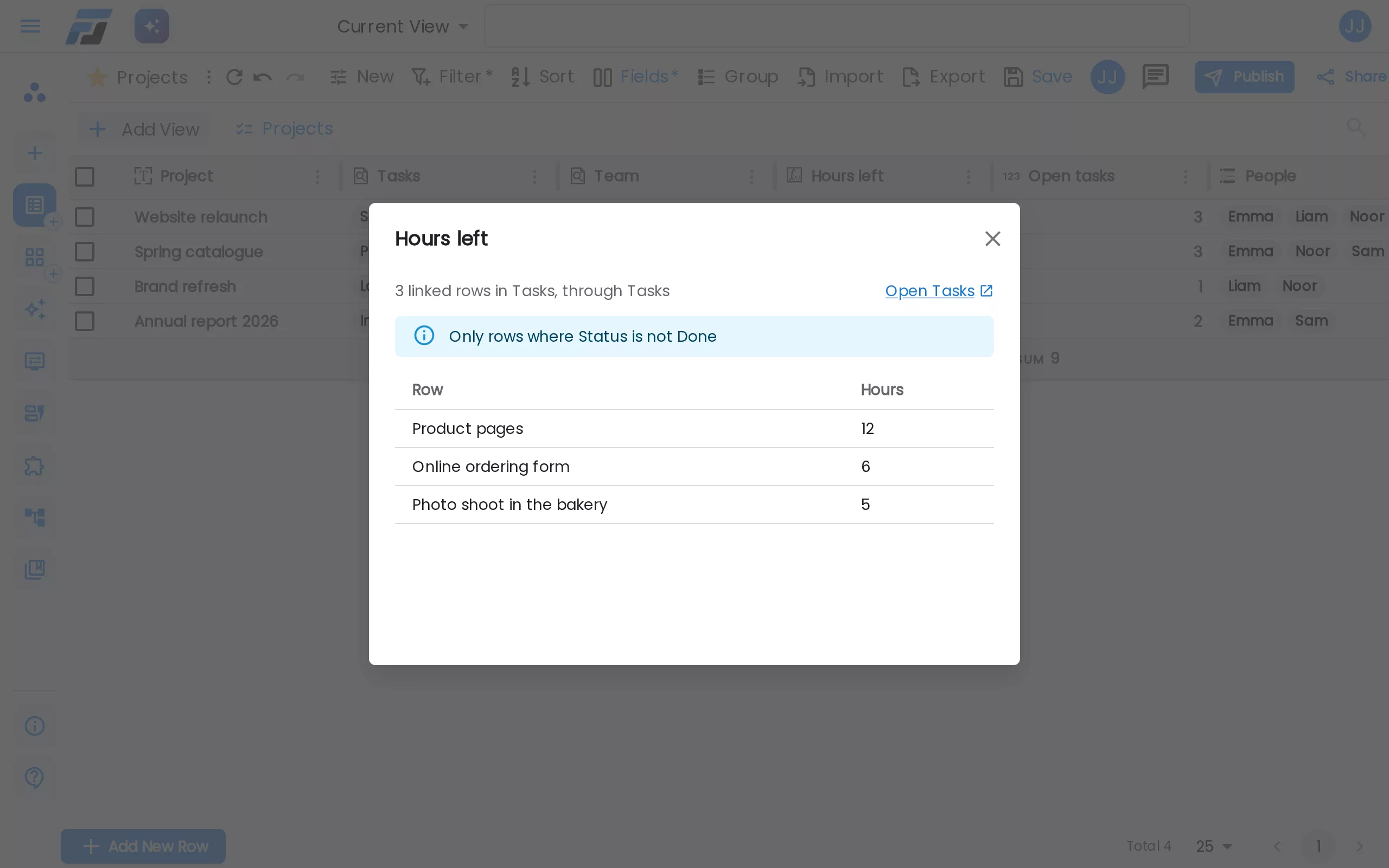 Clicking a value shows the rows behind it: the three open tasks that make up 23 hours