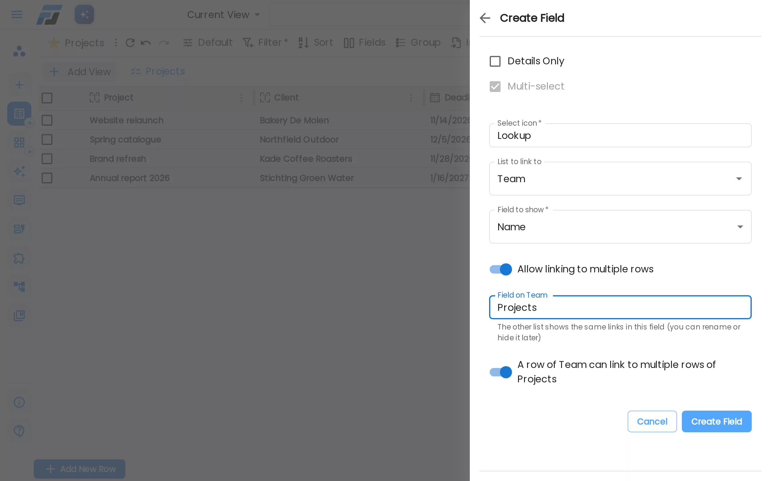 The field editor: a Team field on Projects that links to the Team list, with the field it creates on the other side