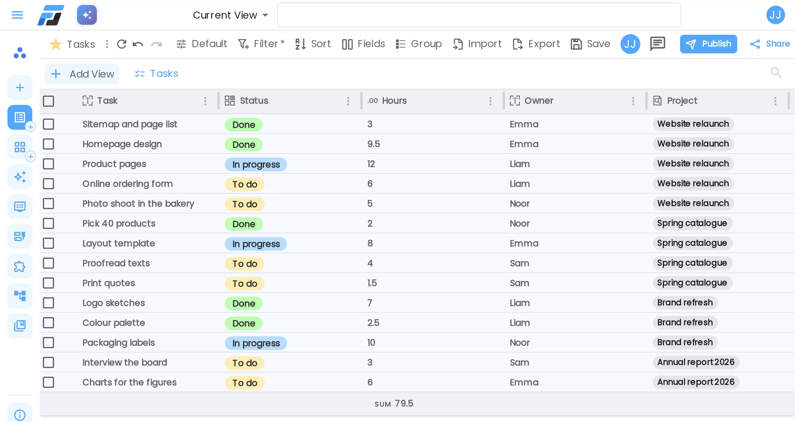 The Tasks list: the Project field appeared on its own when the link was made on Projects
