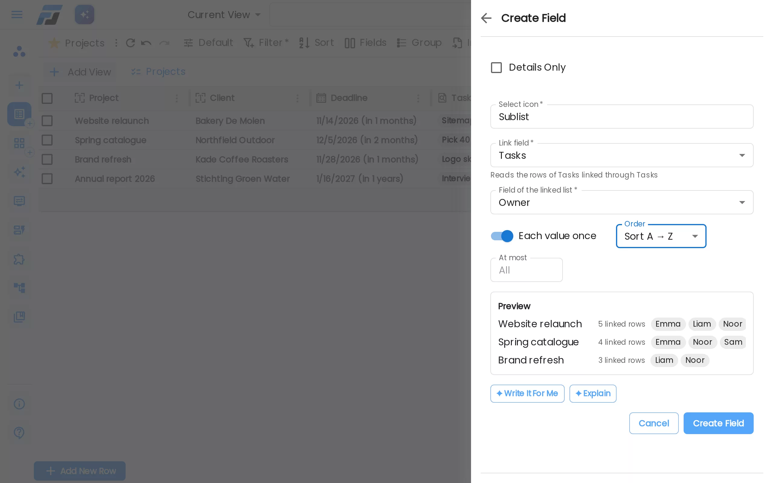 A Lookup through a link: the owners of the linked tasks, each name once, A to Z