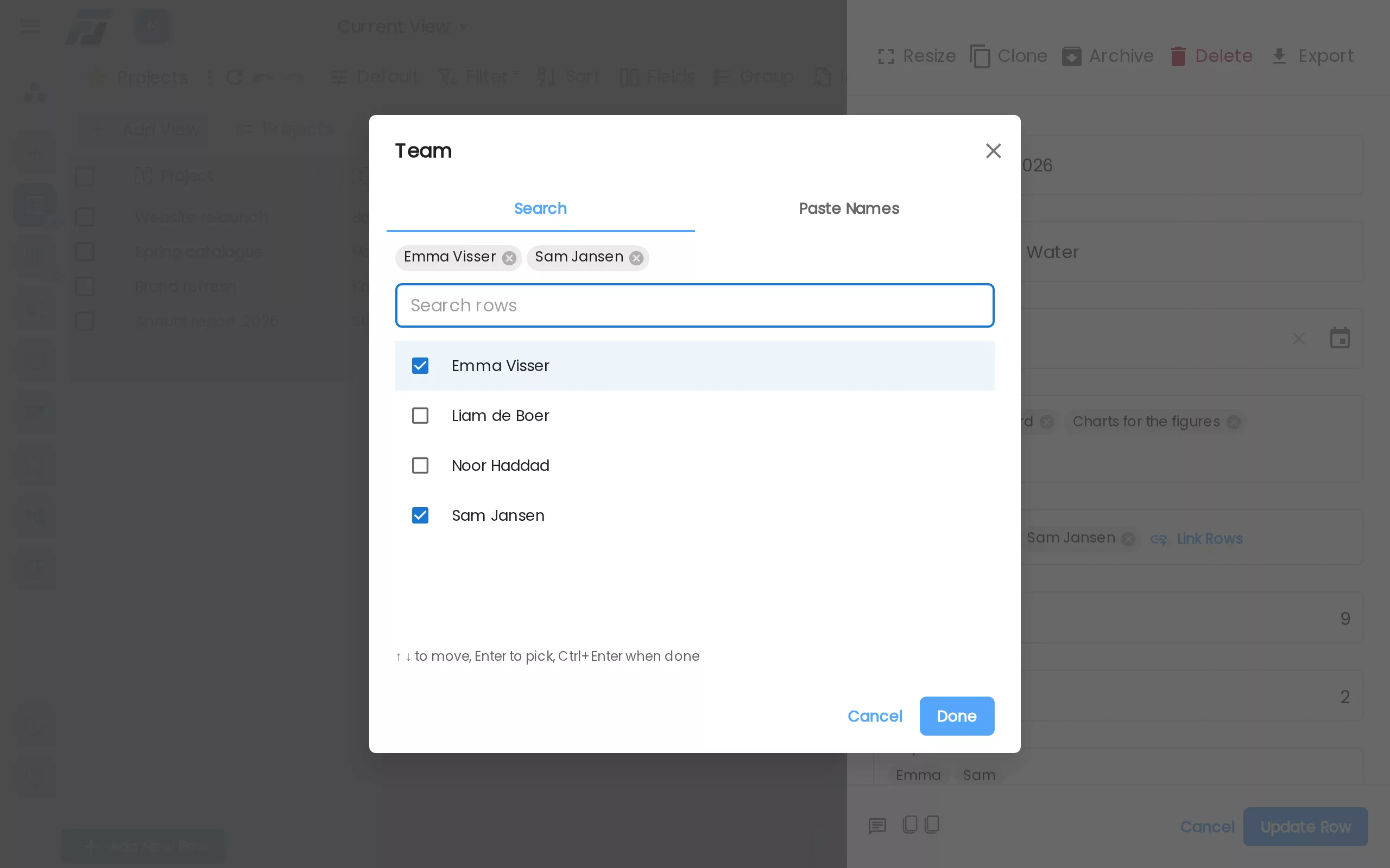 The picker: search the Team list and tick who works on the project