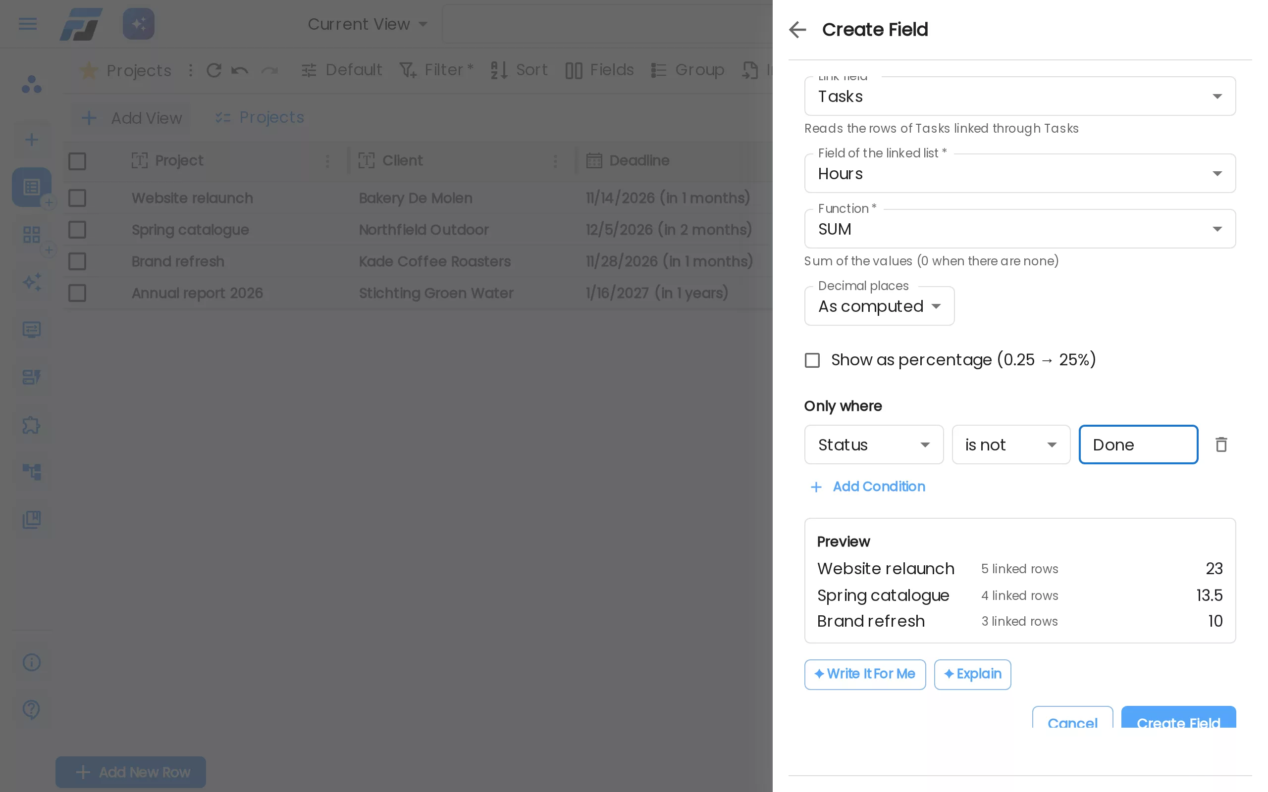 The Rollup editor: sum the Hours of the linked tasks, only where Status is not Done, with a live preview