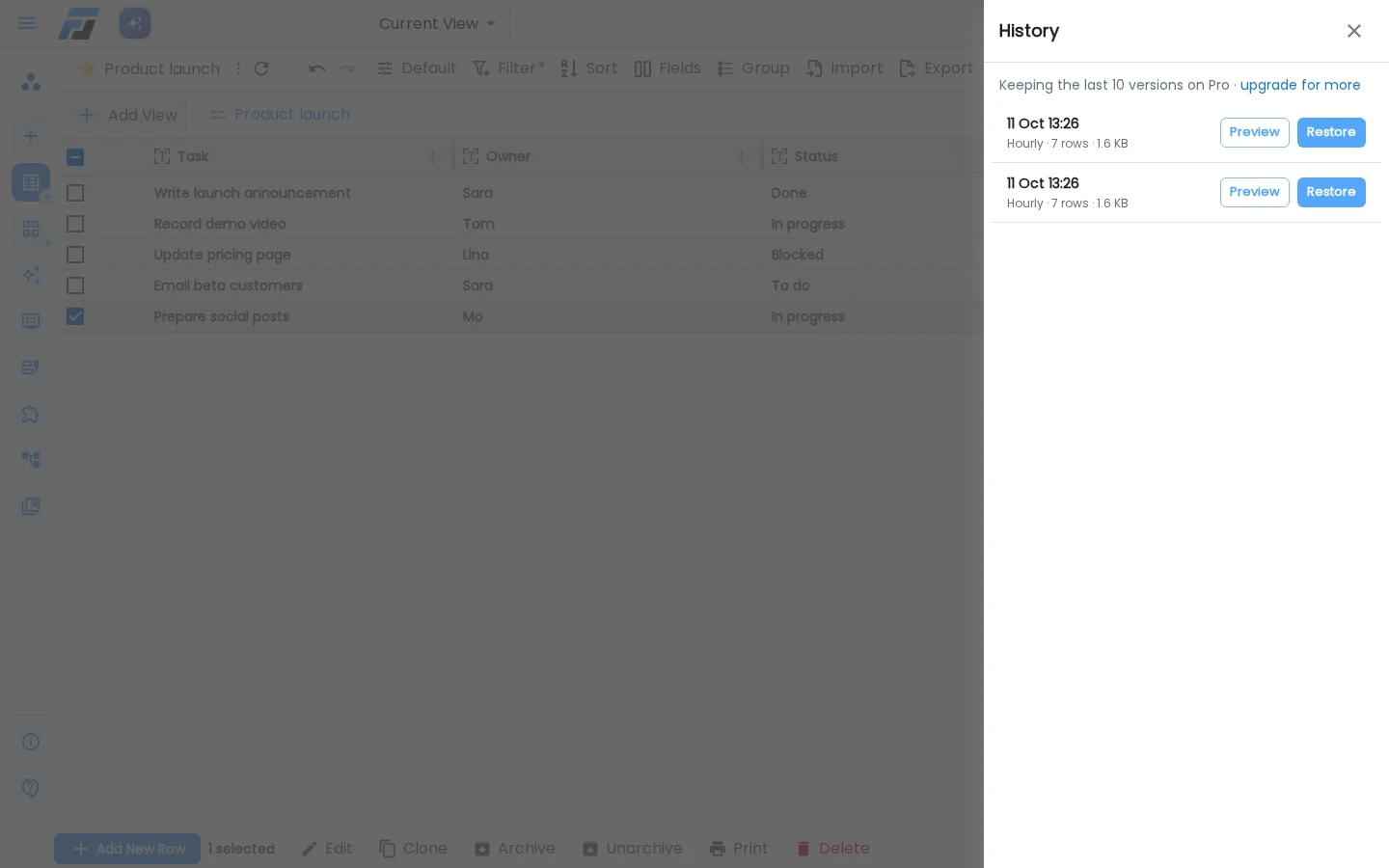 The History pane, listing saved versions of a list