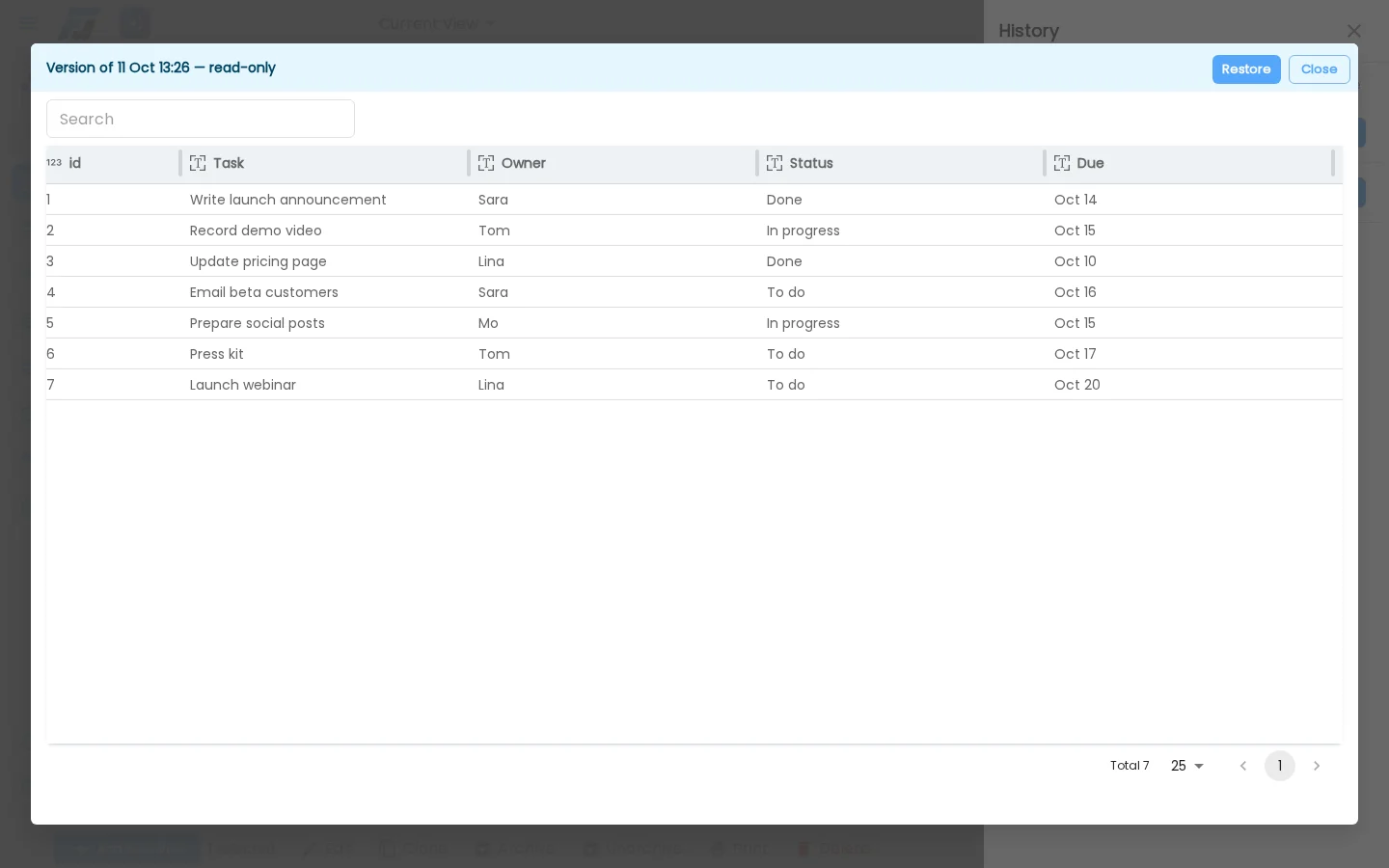 Previewing an older version before restoring it