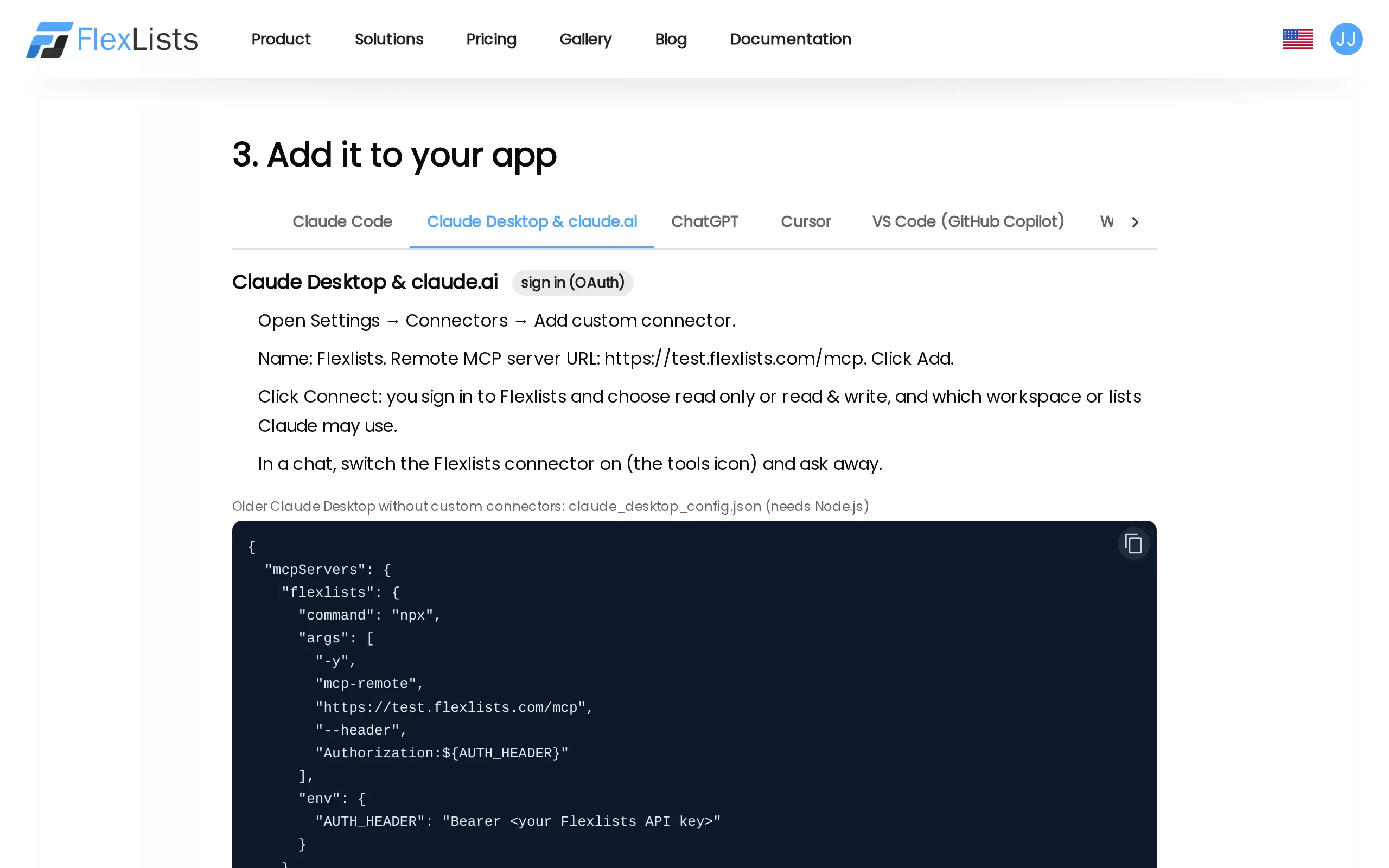 The MCP docs page: how to add Flexlists to Claude Desktop and claude.ai