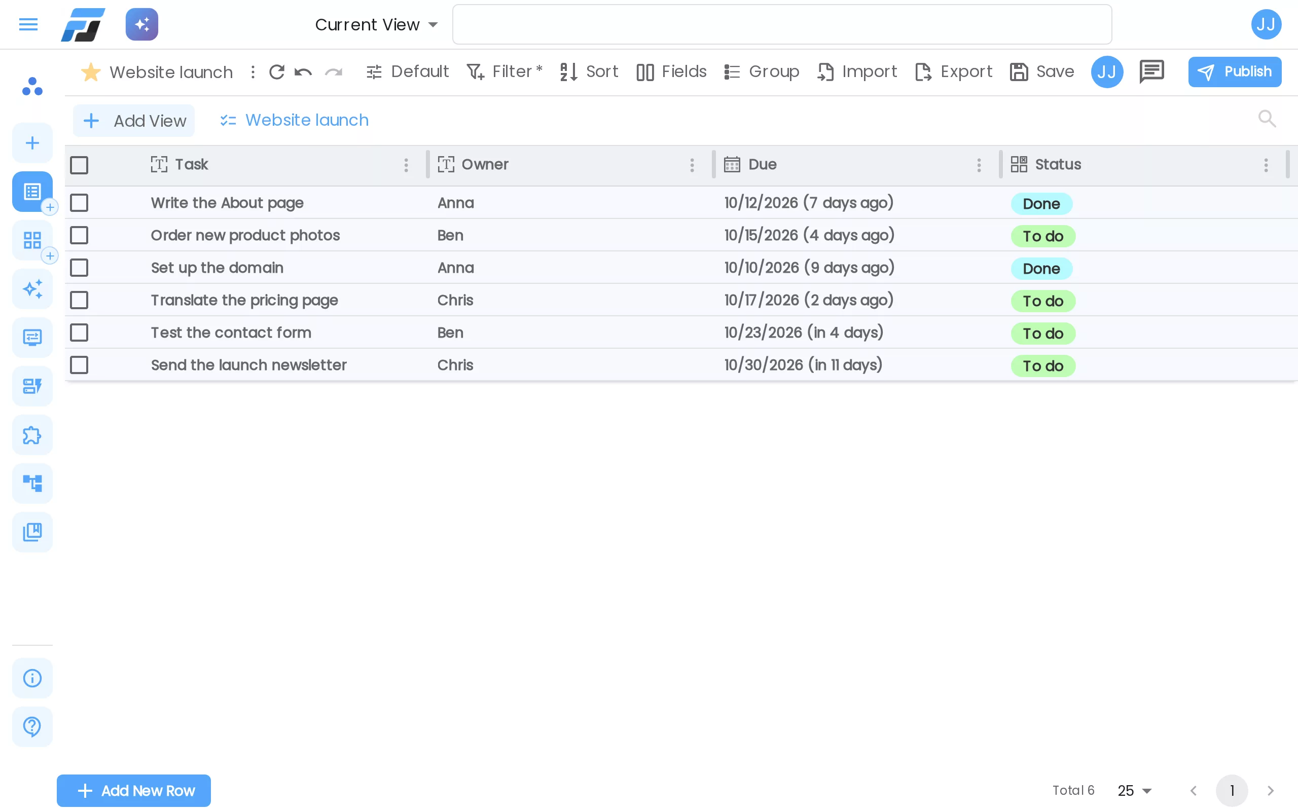 The Website launch list in Flexlists after the agent's call: "Write the About page" is now Done