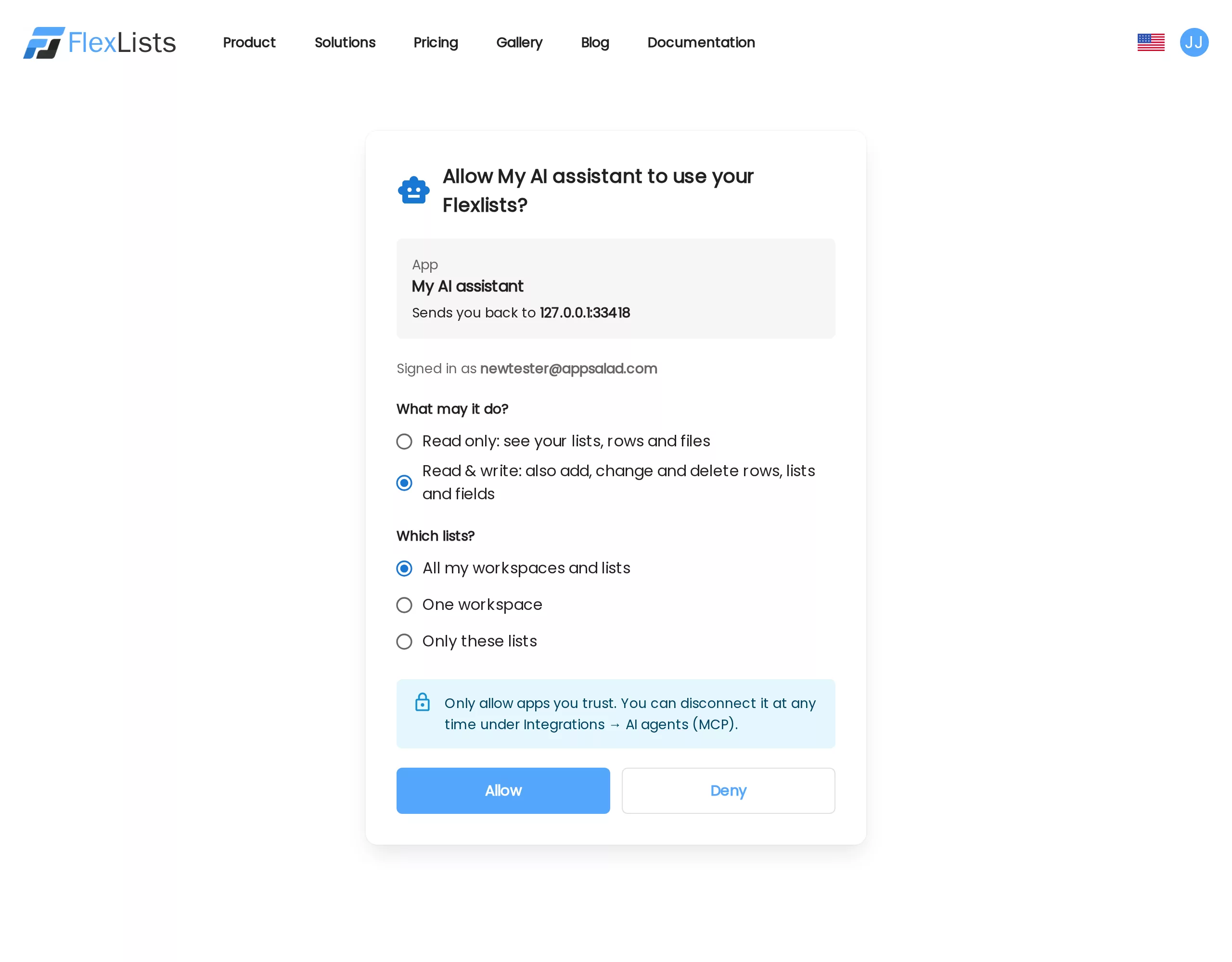 The sign-in page: choose read only or read & write, and which lists the app may use