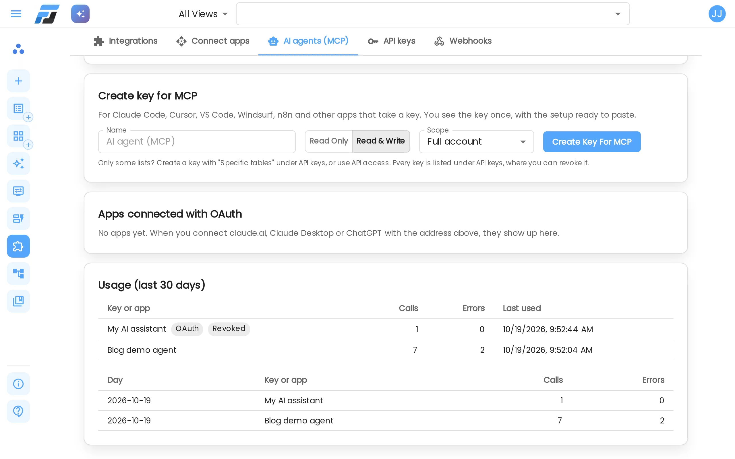 Usage on the AI agents tab: calls and errors per key or app, per day