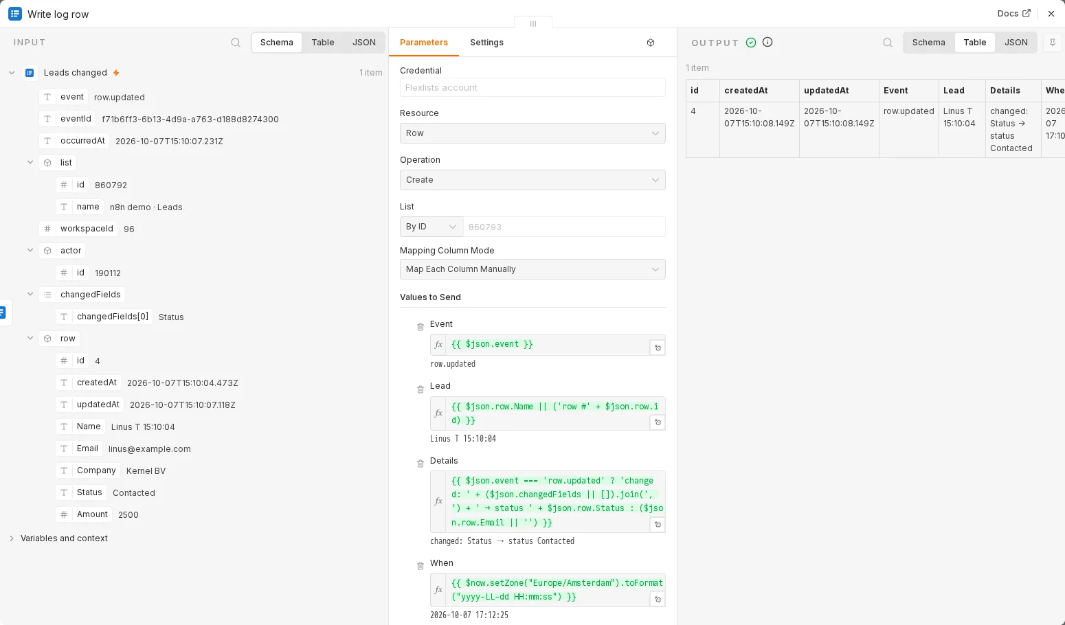 Inside a run: on the left the row.updated event from Flexlists, in the middle the Flexlists node writing a log row, on the right the row it created.