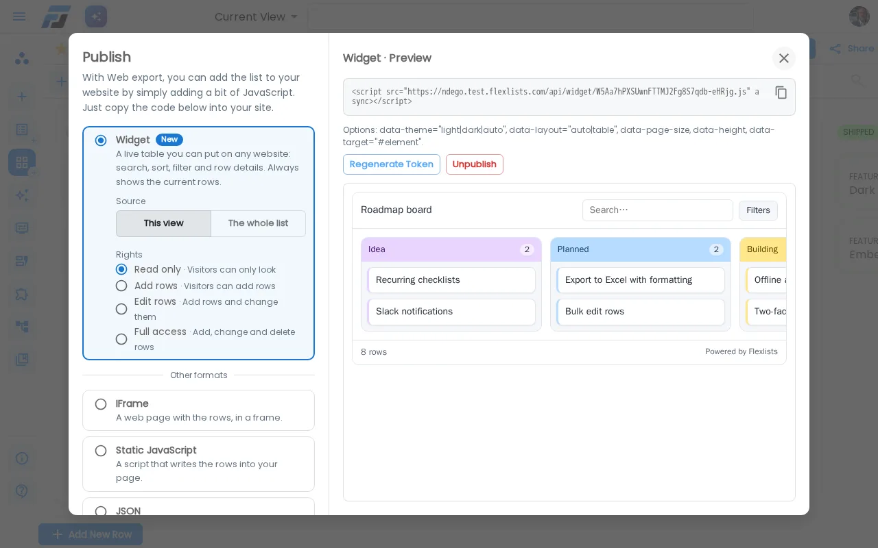 The Publish dialog: Widget is the first choice, with a live preview of the board