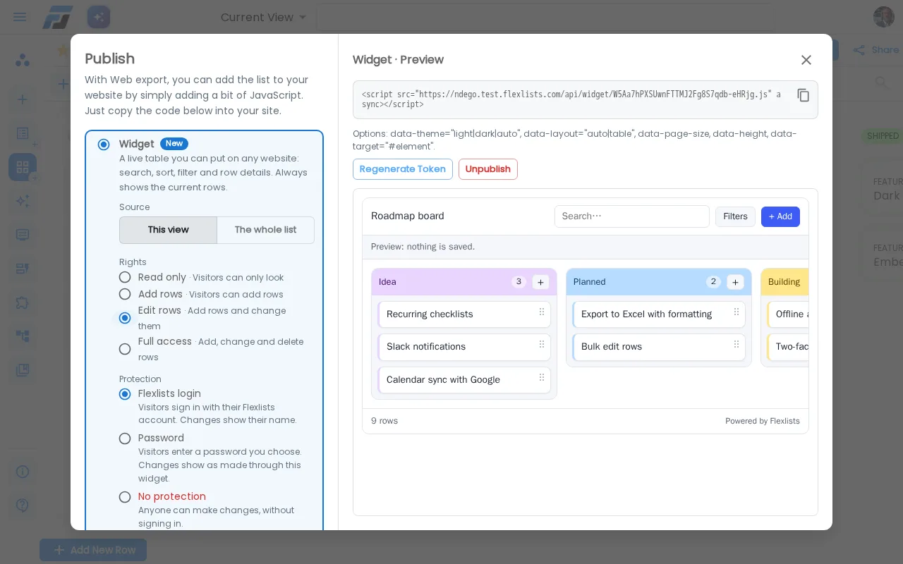 Choosing rights and protection for a widget