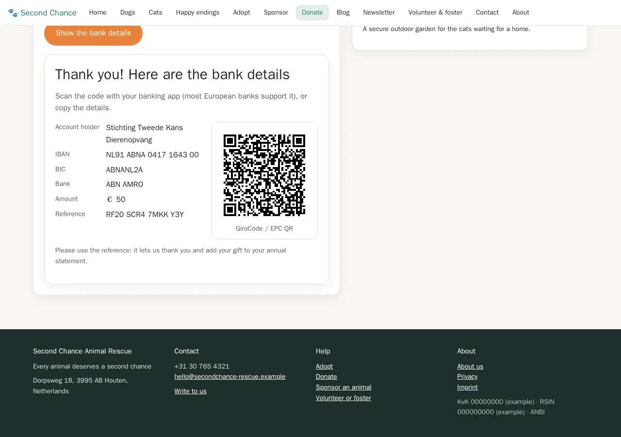 The donate page with bank details and an EPC QR code