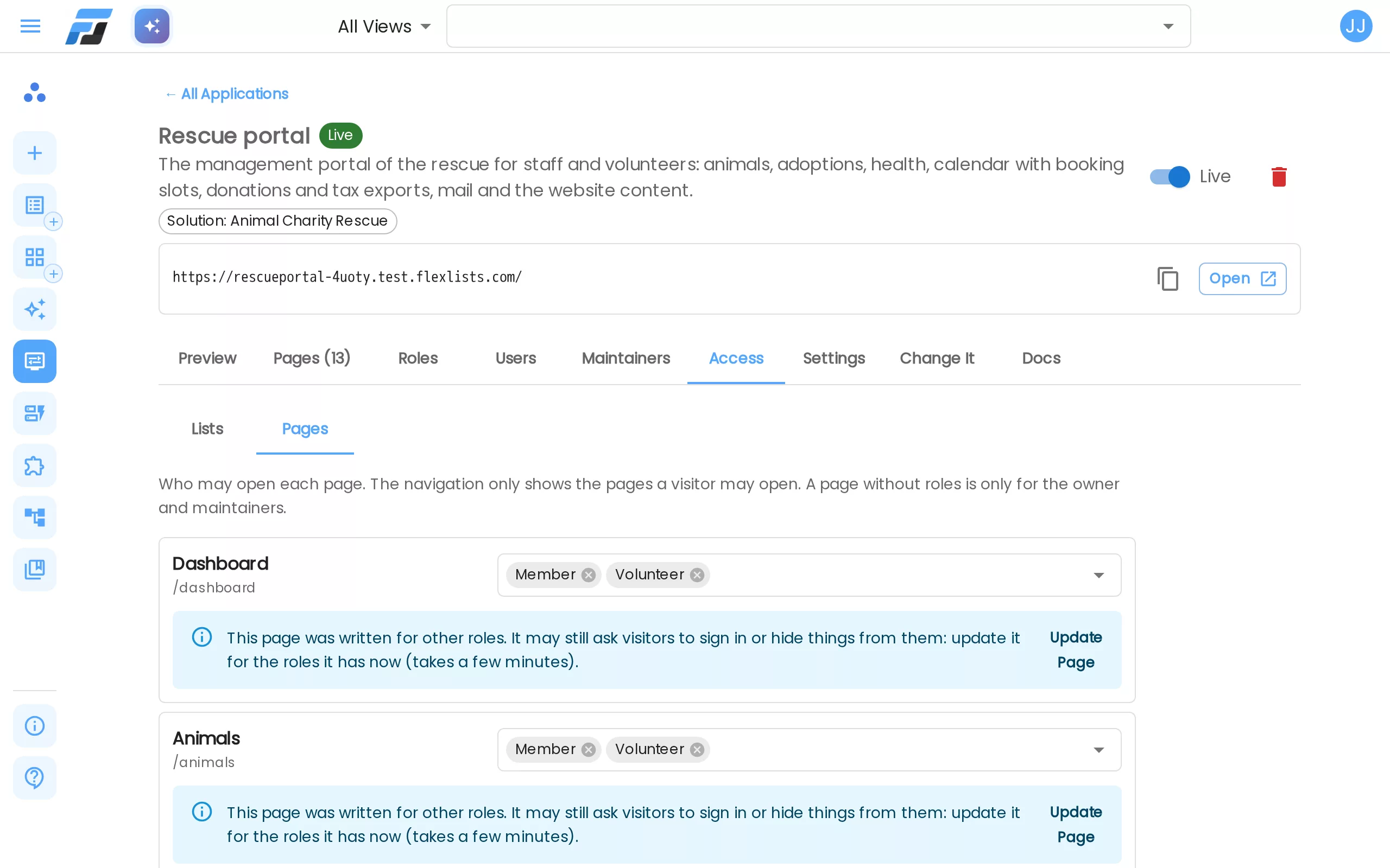 Access → Pages: Dashboard and Animals are open to Member and Volunteer