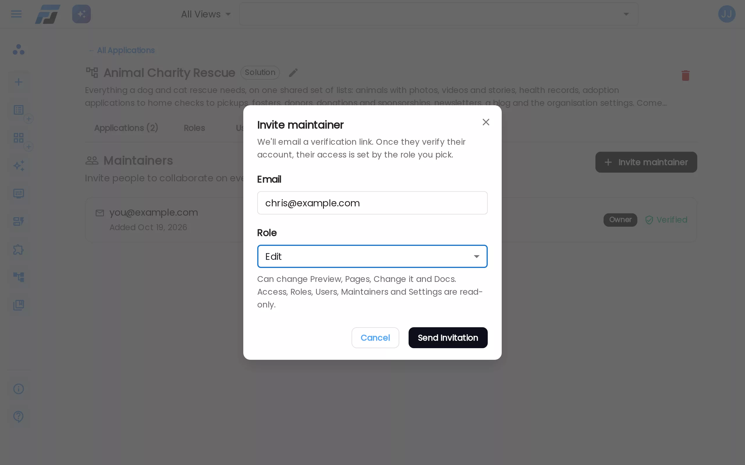 Invite maintainer: pick Admin, Edit or View