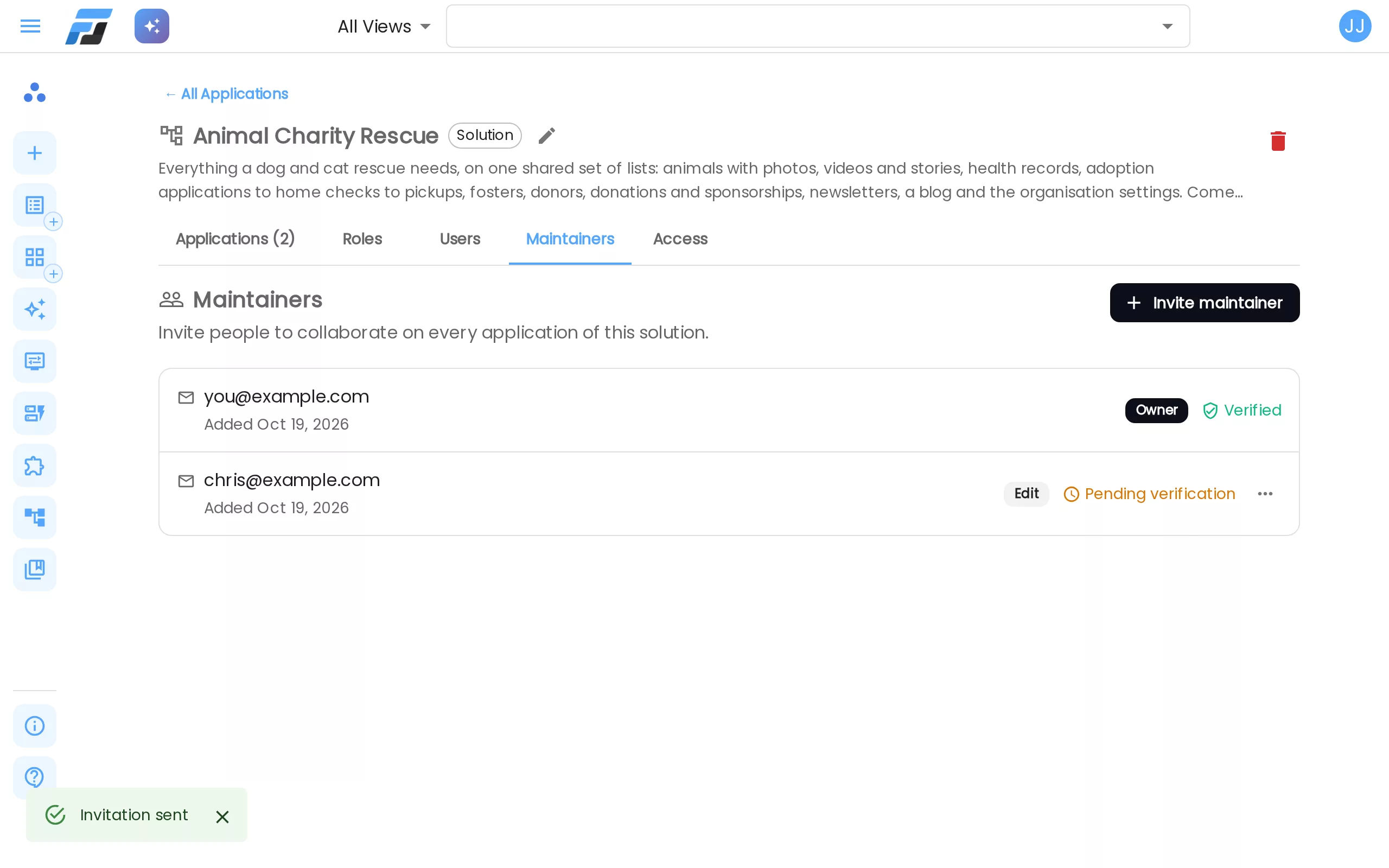 The Maintainers tab: the owner, and an Edit maintainer waiting for verification