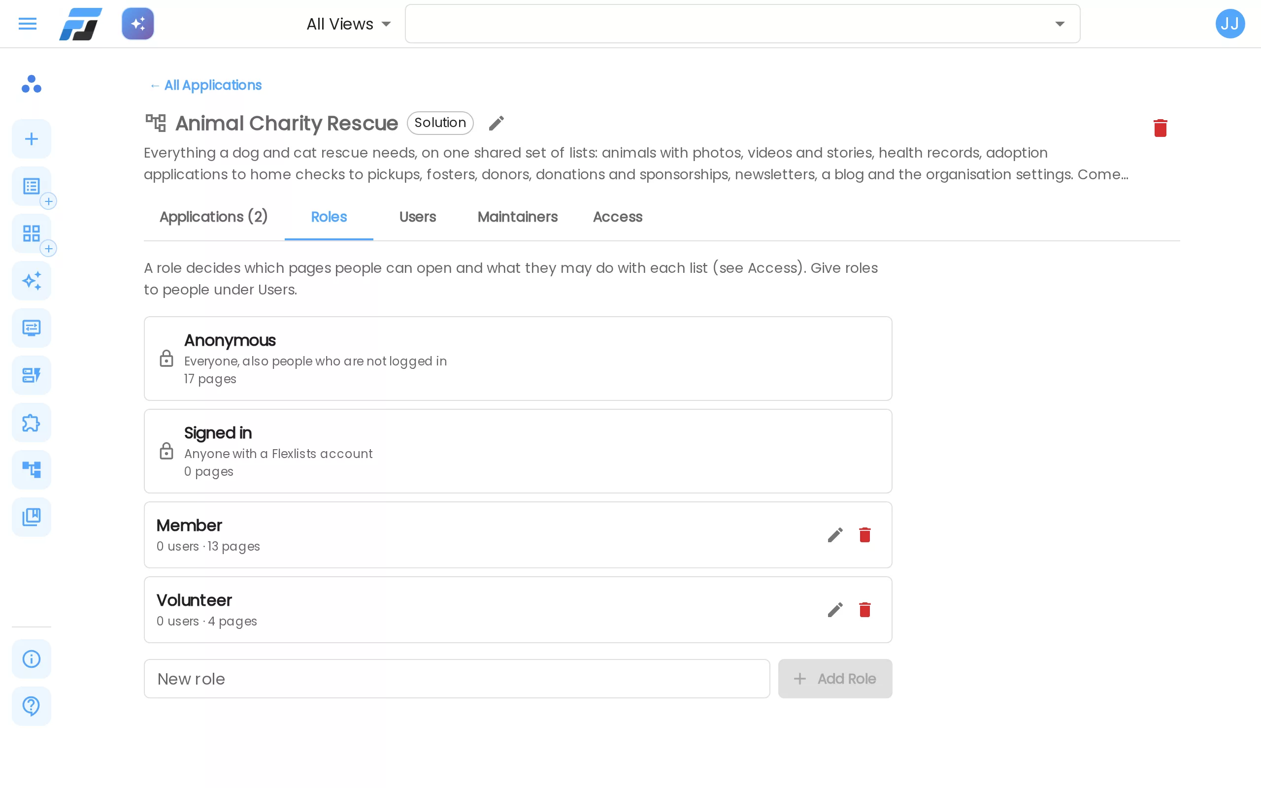 The Roles tab: the built-in Anonymous and Signed in roles, plus Member and Volunteer