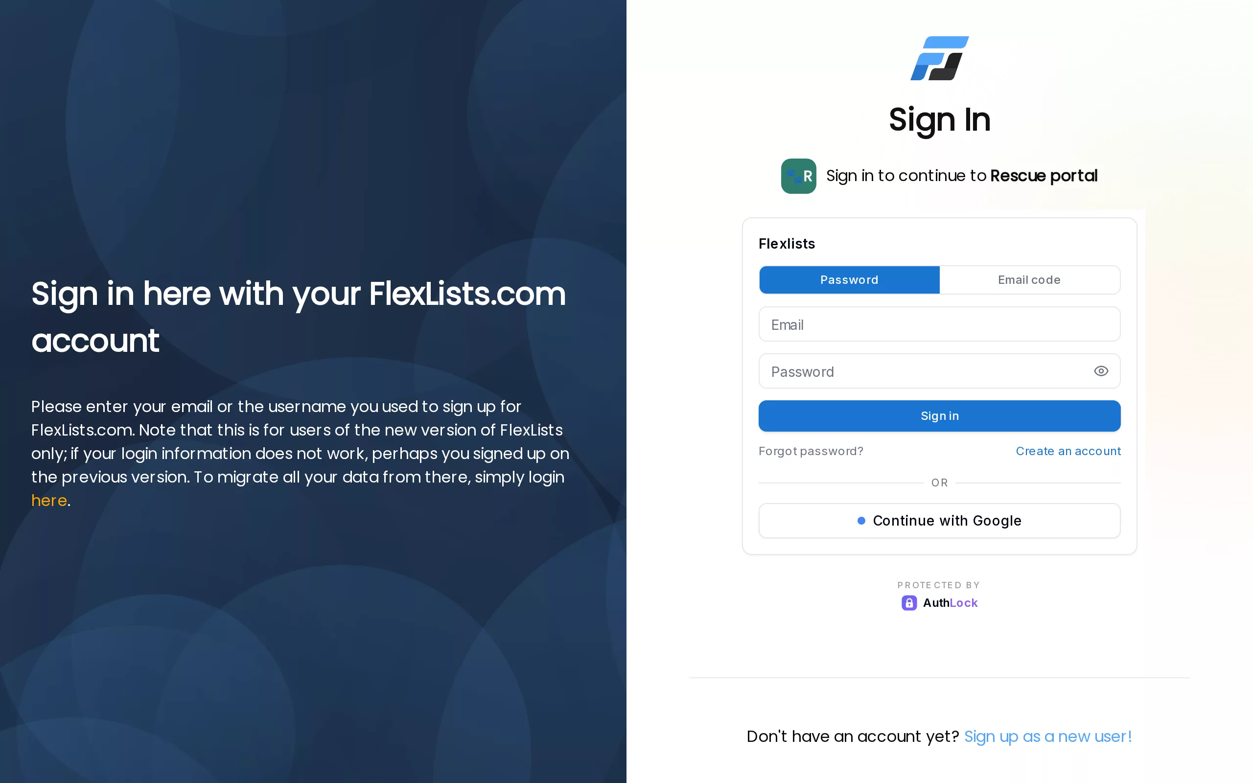 The sign-in page: "Sign in to continue to Rescue portal"
