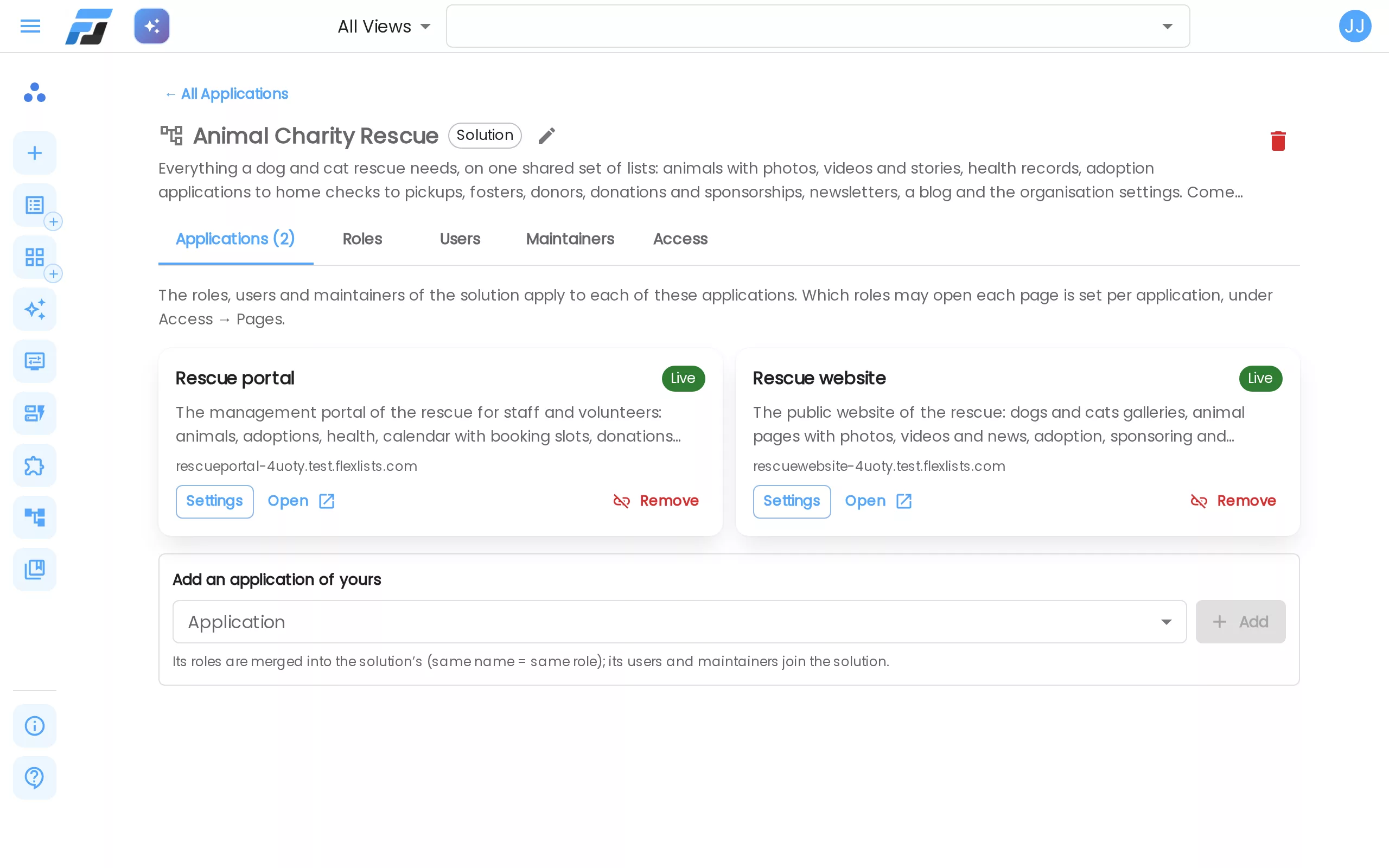 The solution page: its applications, and tabs for Roles, Users, Maintainers and Access