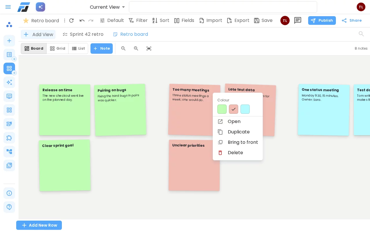 The ⋮ menu of a note: colours, Open, Duplicate, Bring to front and Delete
